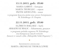 15 oraz 22. 11. 2015 r. - Koncerty z cyklu: "Wieczory z muzyką Władysława Żeleńskiego"